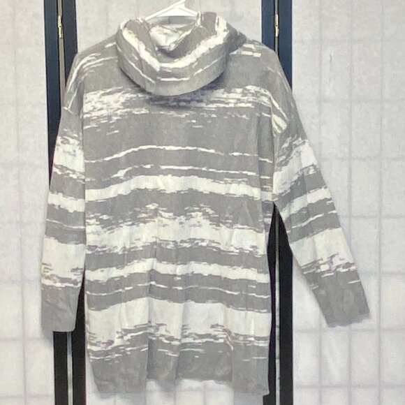 Calvin Klein Cowl Neck Hi Low Knit Tunic Sweater Long Sleeve Swirl Grey White L - Picture 2 of 12